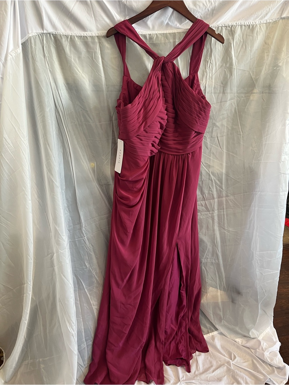 Azazie Burgundy Twist-Shoulder Ruched Maxi Dress